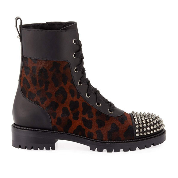 Christian Louboutin TS Croc Flat Black Leopard Pony Spike Combat Ankle Boot 38 - Picture 3 of 15